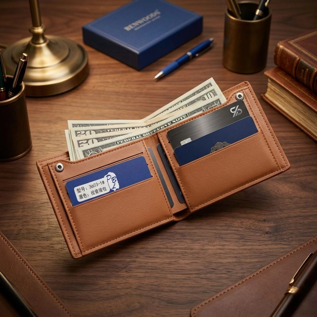 Anchor Emblem Bifold Leather Wallet with Box - Black