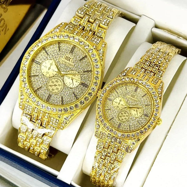 Luxury Diamond-Accented Couple Watch Set (Without Box) - Golden