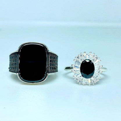 Luxury Black Stone Couple Ring Set – Elegant Matching Rings for Him & Her